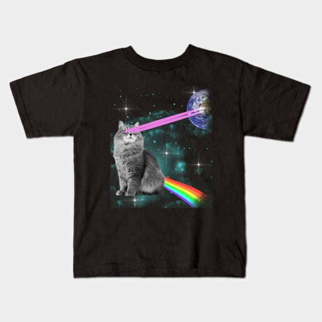 Outer Space Kitty Cat Laser Eyes Rainbow Earth Kids T-Shirt by JakeRhodes